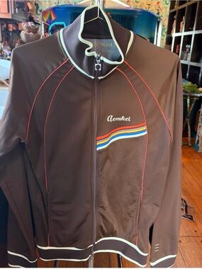 Men's Brown Zip-Up Track Jacket with Multicolor Stripe